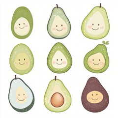 Fototapeta premium Nine Adorable Cartoon Avocados Halved and Whole Happy Faces Fresh Fruit Illustration
