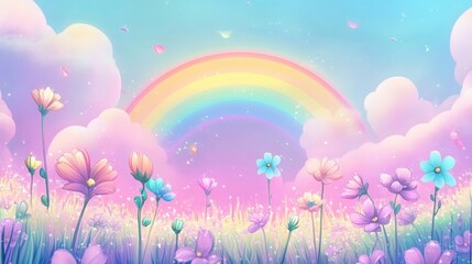 Fototapeta premium Pastel Rainbow Field Of Flowers In A Dreamlike Setting