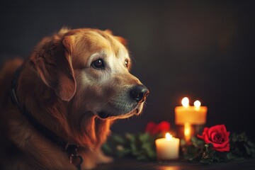 Dog photo frame collar and urn on dark backdrop Pet memorial