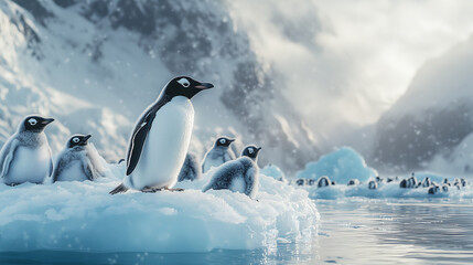 Fototapeta premium Penguins gather on icy terrain in serene, snowy landscape.