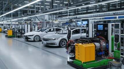 Fototapeta premium EV motor repair concept. Modern automobile assembly line with various vehicles and machinery.