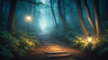 Fototapeta premium A moody, atmospheric image of a dimly lit forest path, with an old lantern illuminating the surrounding area