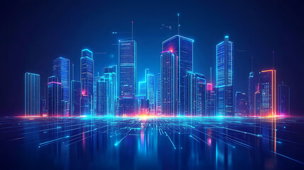 Futuristic infrastructure of a smart night city, blue neon colors