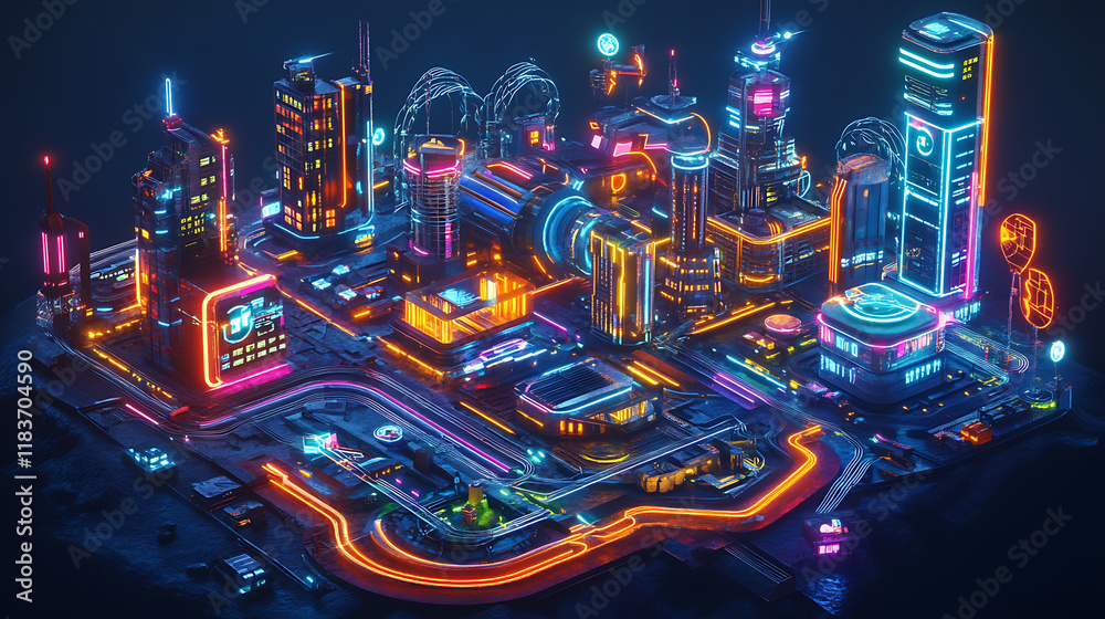 Poster futuristic neon city in an isometric form, the concept of connecting devices, communication between 