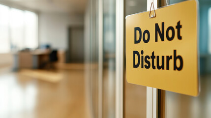 Yellow do not disturb sign hanging on transparent office door, signaling focused professional blocking workplace interruptions