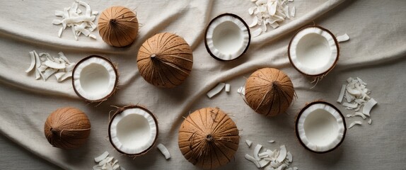 Flat lay of fresh coconuts and shredded coconut on a textured fabric backdrop