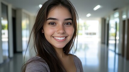 Fototapeta premium College student girl taking a selfie while doing homework, clean and orderly study space, focus and diligence, modern education, youthful vitality, academic environment, home study, concentration