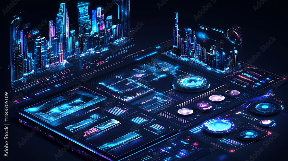 Poster Futuristic user interface with a hologram of the city, game interfaces graphical technical control design elements digital holographic city buildings and information display