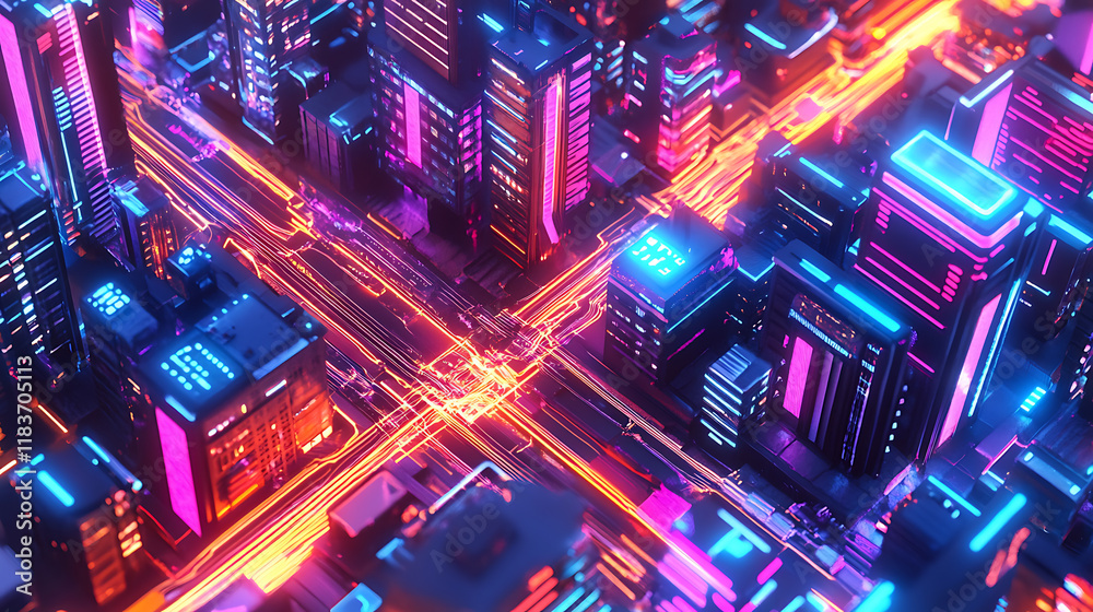 Poster futuristic neon city in an isometric form, the concept of connecting devices, communication between 