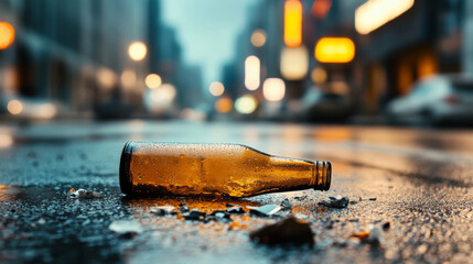 Broken beer bottle resting on wet asphalt of a city street at night, reflecting neon lights and symbolizing urban decay