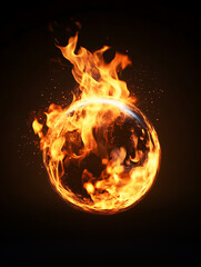 fiery globe engulfed in flames against dark background, symbolizing chaos.