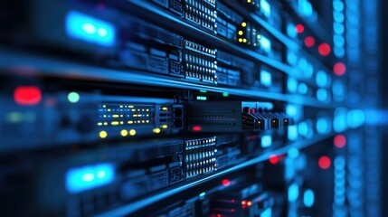 Fototapeta premium Technological environment showcasing backhaul network architecture with modern servers, routers, and illuminated cabling systems.