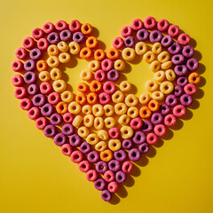 a heart-shaped arrangement of colorful cereal rings on a yellow background.