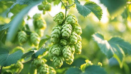Fresh Green Hop Cones on Vine Surrounded by Lush Green Leaves