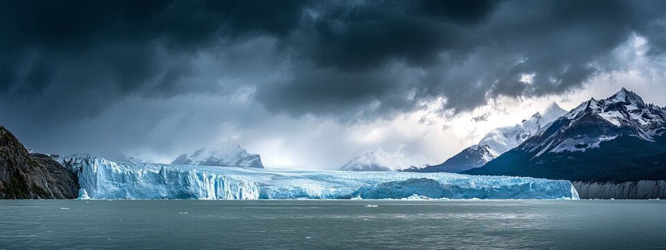 A dramatic view of the Perito Moreno Glacier calving into Lake Argentino under a stormy sky, Glacier scene, Dramatic style - Powered by Adobe