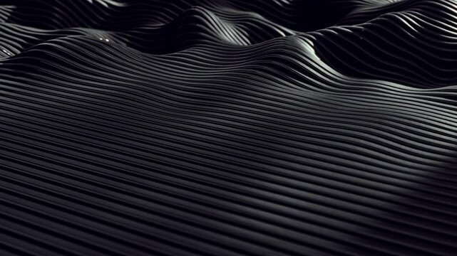 Black background with glossy parallel lines forming dynamic waves. Sleek 3D animation with high-contrast reflections and fluid movement. Perfect for tech products, audio visualizations, and premium