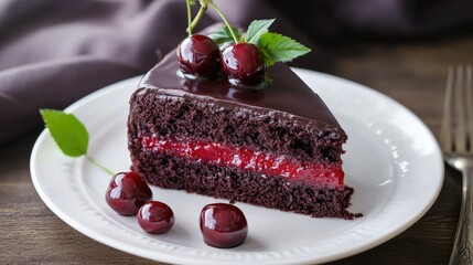 Tempting slice of chocolate cake with a vibrant cherry glaze and fresh leaves, presented on a classic white plate with a soft background.