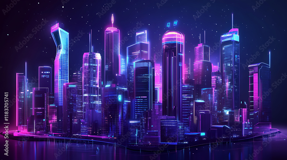 Poster Futuristic user interface with a hologram of the city, game interfaces graphical technical control design elements digital holographic city buildings and information display