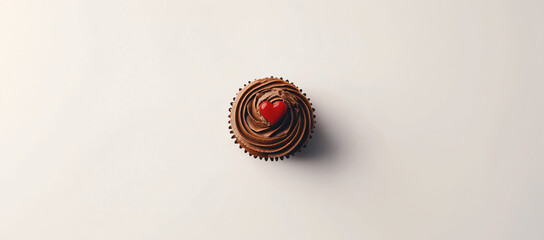 Chocolate cupcake muffin with red heart on whipped mocha mousse on white background. Flat lay banner  template for love, sweets and cards for party, birthday and Valentine's day with place for text.