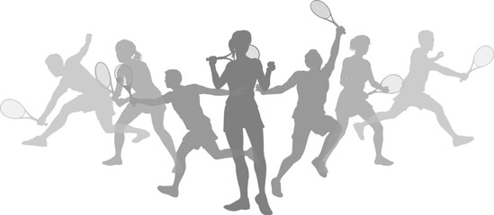 Silhouette Tennis players set. Active sports people healthy players fitness silhouettes concept.