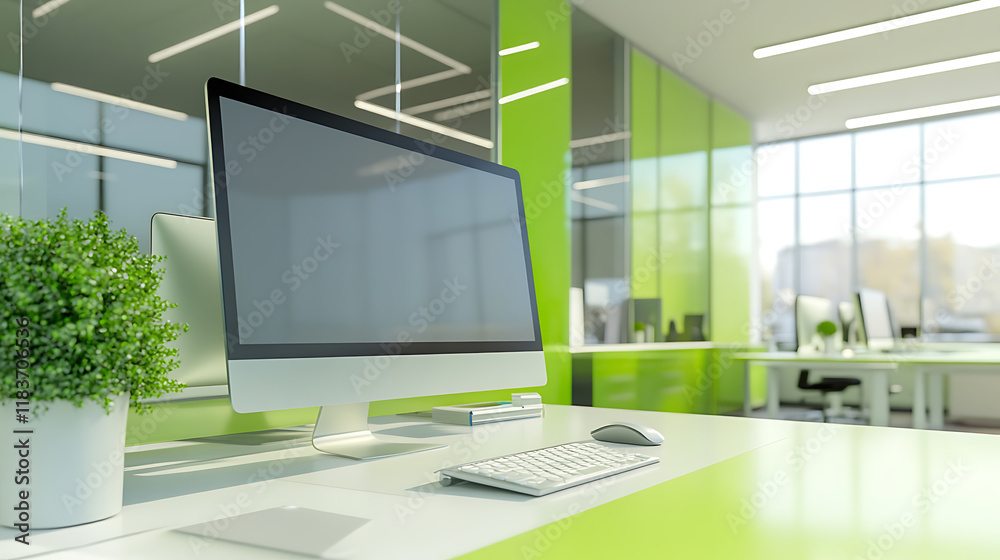 Fototapete Green office desk with focus on computer screen, modern work place with focus on computer display