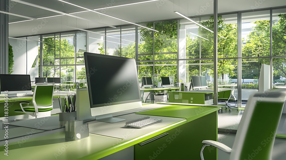 Leinwandbilder green office desk with focus on computer screen, modern work place with focus on computer display