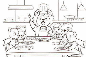 Naklejka premium lion chef leading fun cooking class with young animals