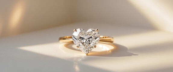 Heart shaped diamond ring sparkling under warm golden lights