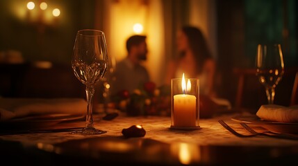 A close-up of a candlelit dinner table with a couple in the background