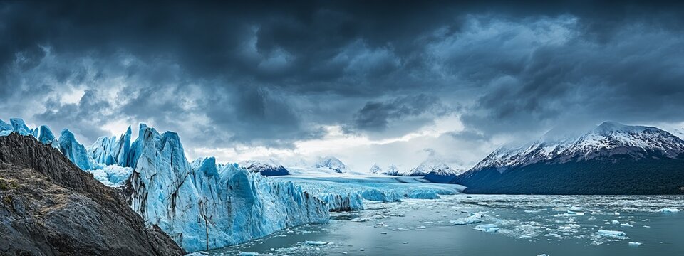 A dramatic view of the Perito Moreno Glacier calving into Lake Argentino under a stormy sky, Glacier scene, Dramatic style