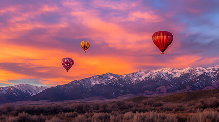 Fototapeta premium Hot air balloons flying over snow-capped mountains and colorful sky at sunset