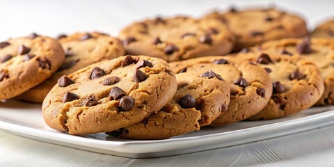 Close-up of multiple chocolate chip cookies arranged in a neat row on a white plate, with a few crumbs scattered around