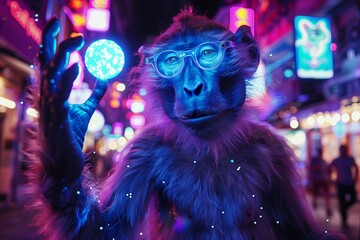 A whimsical monkey wearing glasses, holding a glowing orb in a neon-lit urban setting, full of vibrant colors.