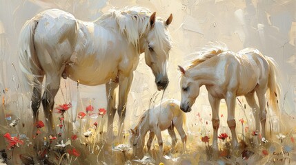 A serene scene of three white horses in a field of flowers, showcasing nature's beauty.