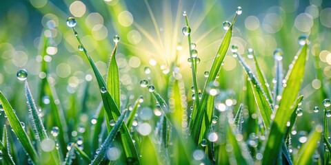 Fototapeta premium Morning dew glistens on fresh spring grass blades, highlighting intricate patterns and delicate texture
