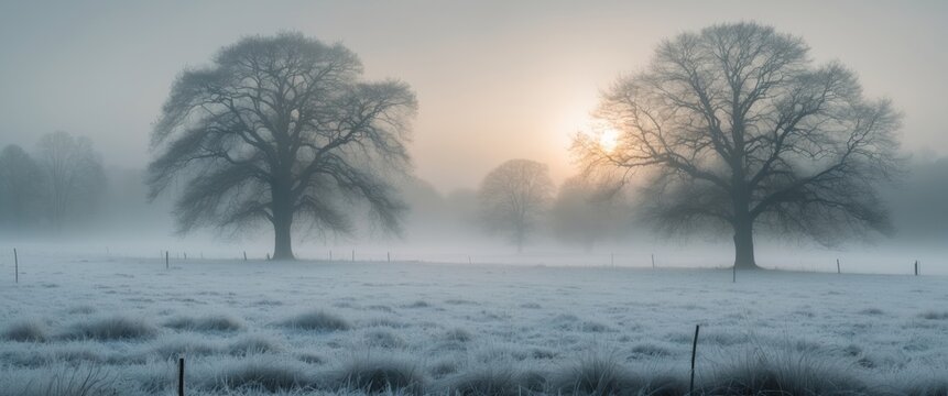 Misty rural landscape with frosty fields and bare trees on a foggy morning - Powered by Adobe