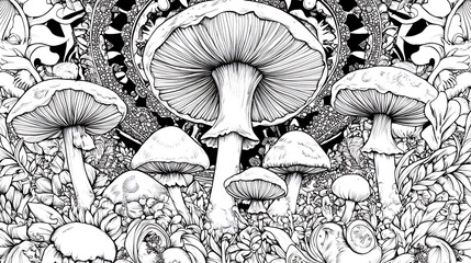 Intricate mandala coloring page featuring mushrooms and whimsical patterns for meditation and relaxation