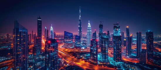 Fototapeta premium Dubai Skyline at Night: A Dazzling Metropolis