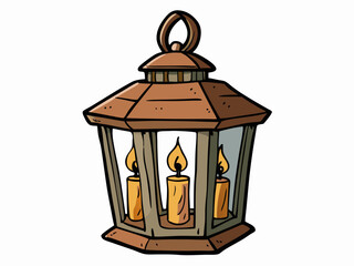 Antique Wooden Lantern with Three Burning Candles, Cozy Light