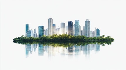 Obraz premium Modern city skyline on island with skyscrapers and greenery against clear sky, high-res urban development and nature harmony, building reflections on water, white background.