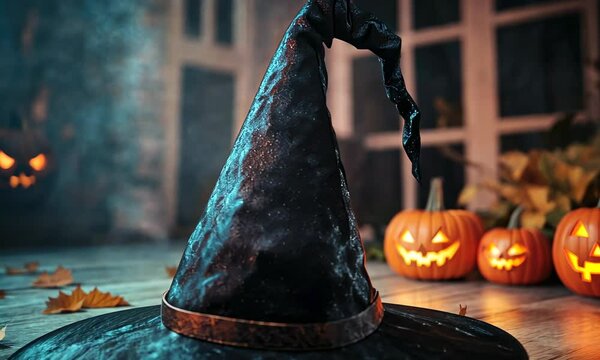 Black witch hat on wooden floor, pumpkins in background