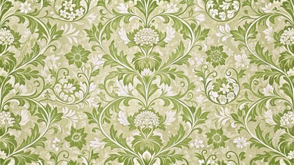 Obraz premium Elegant floral damask fabric pattern with intricate vines and leaves in shades of green and cream, pattern, textile
