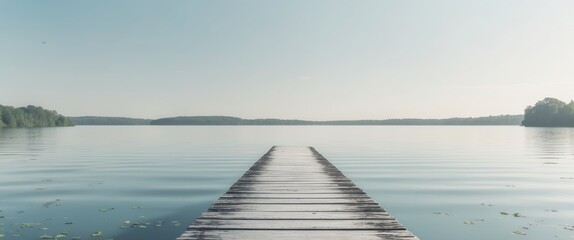 Serene lakeside with wooden dock extending into calm water