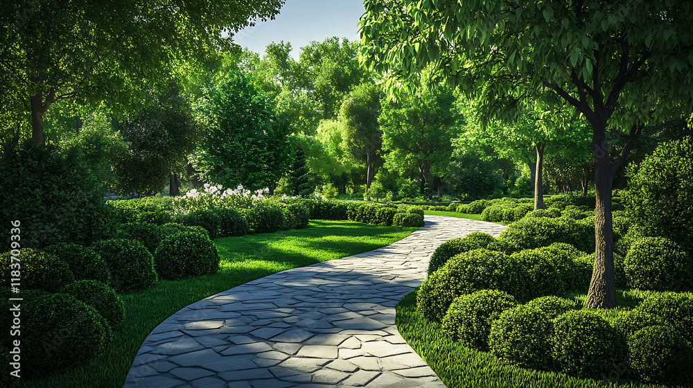 Poster landscape of a summer day in a green park with bushes and trees along stone paths 3d illustration