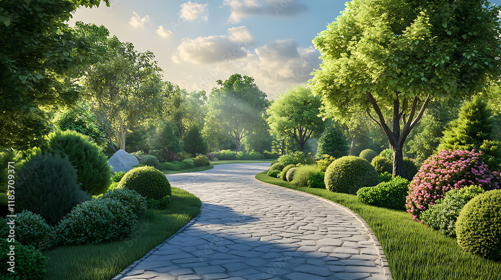 Poster landscape of a summer day in a green park with bushes and trees along stone paths 3d illustration