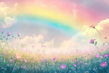 Fototapeta premium Pastel Rainbow Over Flower Field Dreamy Scene