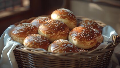 A wicker basket filled with freshly baked hamburger buns with sesame seeds on top.