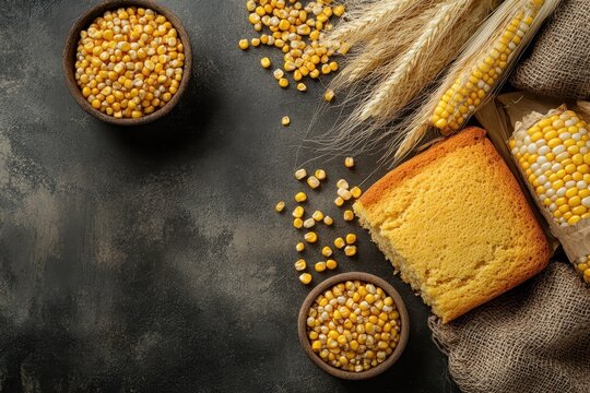 Fresh cornbread and corn kernels displayed on a table Food supply issue notion Overhead view Room for text - Powered by Adobe