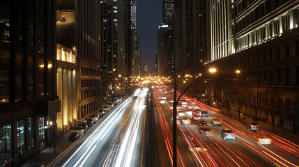 Light trails above buildings, traffic at night, city at night, traffic in the city