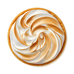 Top view meringue tart with crispy crust and fluffy meringue topping on a clean white background
